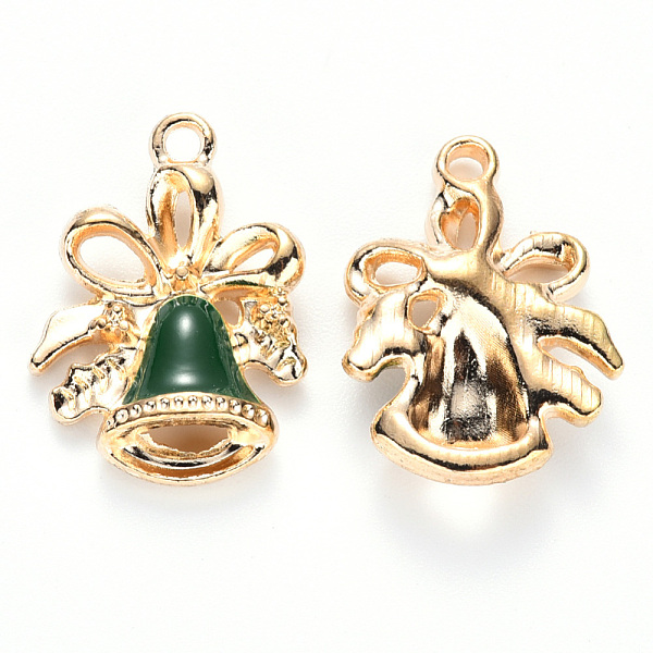

PandaHall Alloy Enamel Pendants, for Christmas, Jingle Bell, Light Gold, Green, 21x15.5x5mm, Hole: 2mm Alloy+Enamel Bell Green