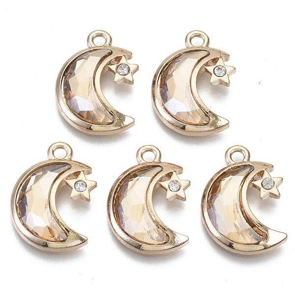 

PandaHall Glass Rhinestone Pendants, with Light Gold Plated Brass Plain Edge Bezel Cups, Faceted, Moon, Light Peach, 19x14x4mm, Hole: 1.8mm..., Pink