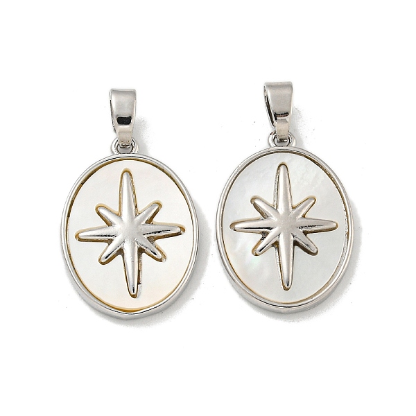 

PandaHall Natural White Shell Pendants, Rack Plating Brass Oval with Star Charms, Platinum, 19.5x14x2mm, Hole: 2.5x5mm White Shell Oval