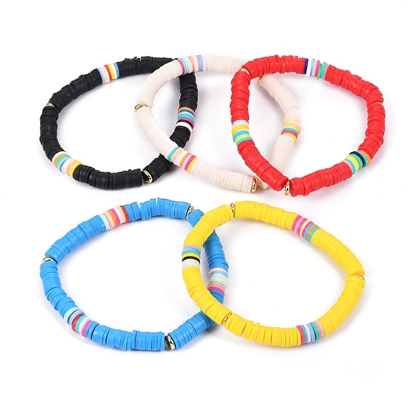 

PandaHall Handmade Polymer Clay Heishi Beads Stretch Bracelets, with Brass Spacer Beads, Mixed Color, Inner Diameter: 2-1/2 inch(6.3cm)..., Multicolor