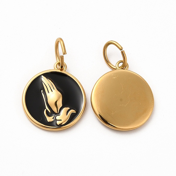 

PandaHall Ion Plating(IP) 304 Stainless Steel Pendants, with Enamel and Jump Rings, Flat Round with Praying Hands, Golden, 18.5x16x2.5mm..., Black