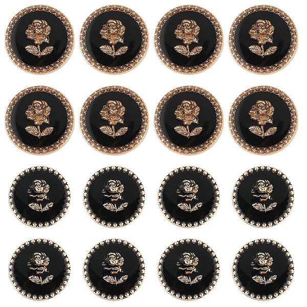 PandaHall Gorgecraft 20Pcs 2 Style Alloy Enamel Buttons, 1-Hole, Flat Round with Rose Pattern, Black, 20x9mm, Hole: 2~2.5mm, 10pcs/style...
