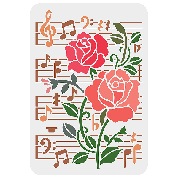 PandaHall FINGERINSPIRE Music Rose Stencil 29.7x21cm Plastic PET Sheet Music Stencil Reusable Rose Flower Leaves Painting Stencil DIY Art...