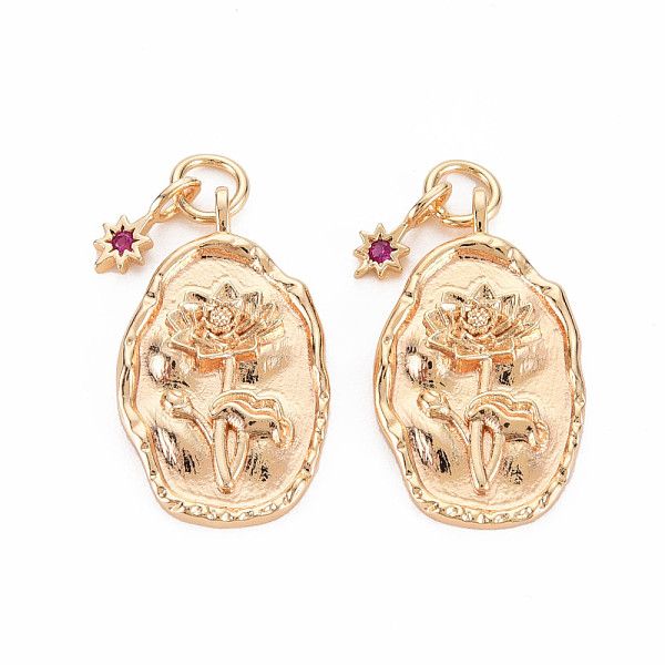 

PandaHall Brass Ruby Rhinestone Pendants, Birth Flower Charms, Nickel Free, Oval with Star, Real 18K Gold Plated, July Water Lily, 23x13x2mm..., Red
