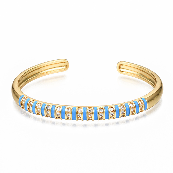

PandaHall Brass Micro Pave Clear Cubic Zirconia Cuff Bangles, with Enamel, Nickel Free, Real 16K Gold Plated, Deep Sky Blue, Inner Diameter...