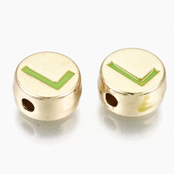 

PandaHall Alloy Enamel Beads, Cadmium Free & Lead Free, Flat Round with Initial Letters, Light Gold, Yellow Green, Letter.L, 8x4mm, Hole...