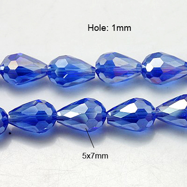 PandaHall Electroplate Glass Beads Strands, AB Color Plated, Faceted Teardrop, Deep Sky Blue, 7x5mm, about 65~67pcs/strand, 18~18.5 inch...