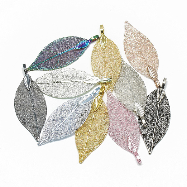 

PandaHall Iron Big Pendants, Electroplate Natural Leaf, Leaf, Mixed Color, 52~53x19~20x1.5mm, Hole: 3x5.5mm Iron Leaf