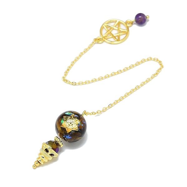 

PandaHall Round Resin Dowsing Pendulum Big Pendants, Natural Tiger Eye Chip Inisde and Cadmium Free & Lead Free Golden Plated Brass Findings...