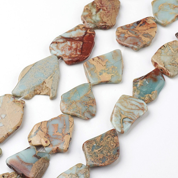 

PandaHall Natural Aqua Terra Jasper Beads Strands, Flat Slab Beads, Dyed, Nuggets, 30~56x23~35x5~6mm, Hole: 1mm, about 10~13pcs/strand, 15.7..., Orange