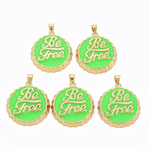 

PandaHall Brass Enamel Pendants, Cadmium Free & Nickel Free & Lead Free, Real 16K Gold Plated, Bottle Cap with Word Be Free, Lime..., Green