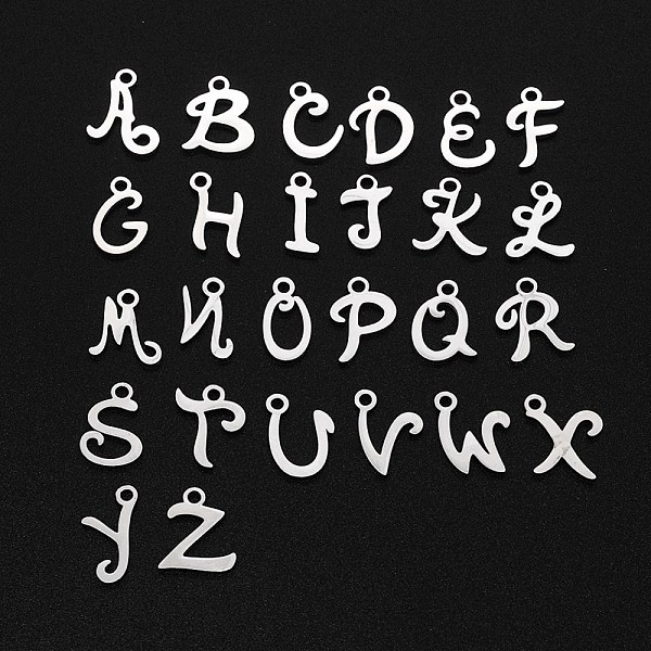 

PandaHall 201 Stainless Steel Pendants, Laser Cut, Alphabet A~Z, Stainless Steel Color, 12x4~10x1mm, Hole: 1.6mm, 26pcs/set 201 Stainless...