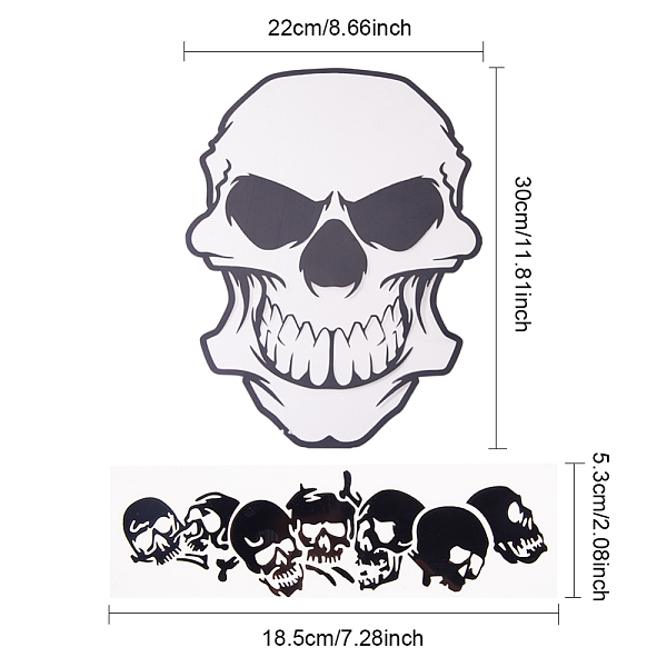 

PandaHall Waterproof Reflective Skull Head Car Sticker, Black & White, 5.3~30x18.5~22cm, 4pcs/set Plastic Skull Black