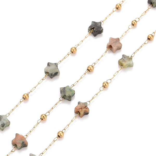 

PandaHall Ion Plating(IP) 304 Stainless Steel Satellite Chains, with Natural Tiger Eye Star Beaded, Unwelded, with Spool, Golden, 4x4x2mm...