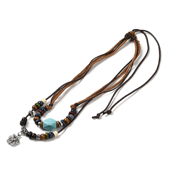 

PandaHall Natural Wooden & Synthetic Turquoise Polygon Double Layered Necklaces, Adjustable Necklace with Alloy Flower Charms, Antique...