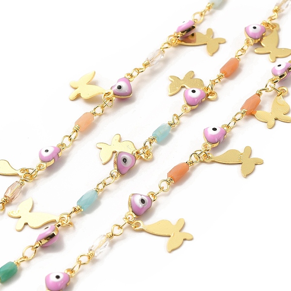 

PandaHall Colorful Enamel Heart with Evil Eye Link Chains, with Glass Column Beaded & Brass Butterfly Charms, Soldered, with Spool, Real 18K...