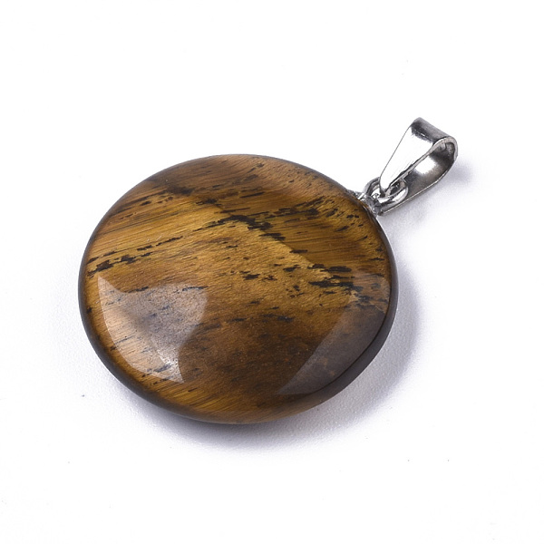 

PandaHall Synthetic Tiger Eye Pendants, with Platinum Tone Brass Bails, Flat Round, 22~25x19~21x5~7mm, Hole: 3x6mm Tiger Eye Flat Round