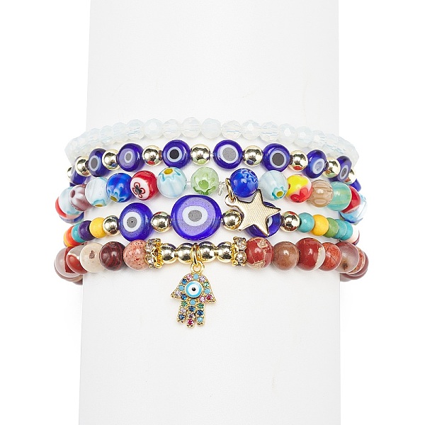 

PandaHall 5Pcs 5 Style Natural & Synthetic Mixed Gemstone & Lampwork Evil Eye & Millefiori Stretch Bracelets Set, Cubic Zirconia Hamsa Hand..., Multicolor