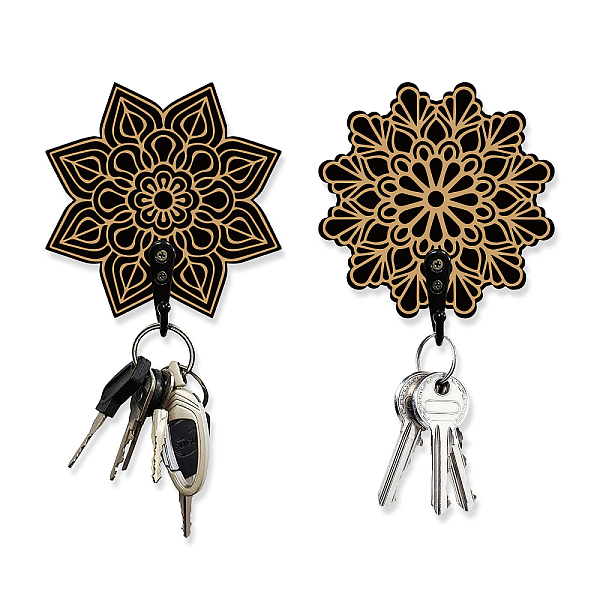 

PandaHall Wooden & Zinc Alloy Hook Hangers, Wall Mounted Key Hooks, Mandala Flower, Black, 100x100x7mm, 1pc/style, 2 style, 2pcs/set Wood...