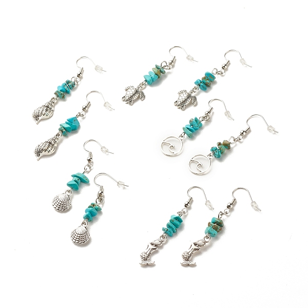 

PandaHall Synthetic Turquoise Chips Beaded Dangle Earrings, Brass Ocean Theme Long Drop Earrings for Women, Mixed Shape, Antique Silver...