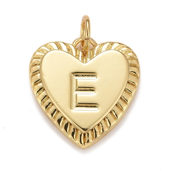 Rack Plating Real 18K Gold Plated Brass Pendants, with Jump Rings, Long-Lasting Plated, Lead Free & Cadmium Free & Nickel Free, Heart with Letter A-Z, Letter.E, 16x15x2.5mm, Jump Ring: 5x0.5mm, 3mm Inner Diameter