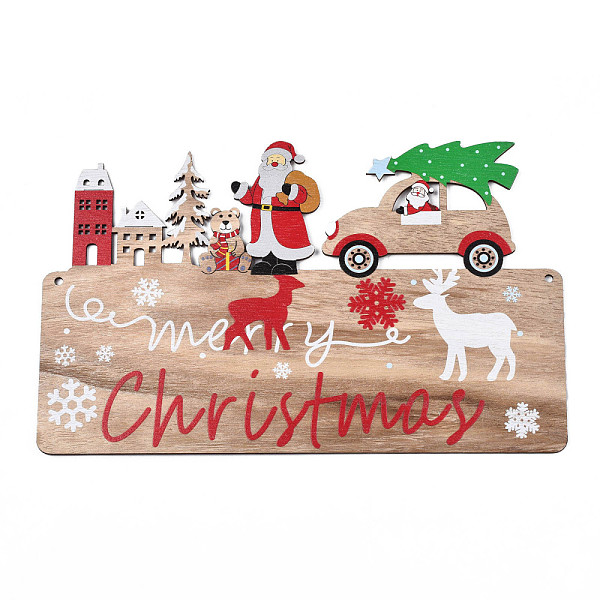 PandaHall Wood Pendant Ornament, Xmas Door Sign, Christmas Theme, Rectangle with Santa Claus & Car, Tan, 290x182x2.5mm, Hole: 4.5mm Wood...