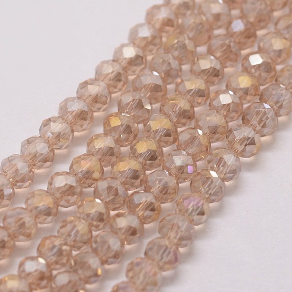 

PandaHall Electroplate Glass Bead Strands, Rondelle, Faceted, Rainbow Plated, Moccasin, 3x2mm, Hole: 1mm, about 120~125pcs/strand, 12.4 inch..., Orange