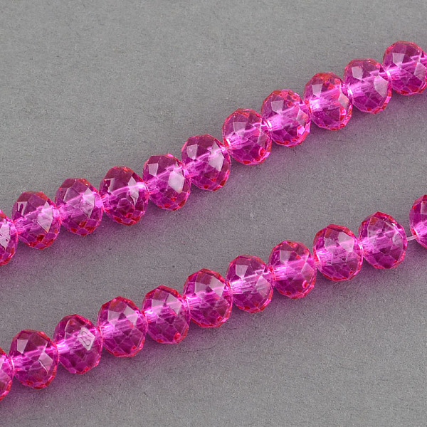 

PandaHall Spray Painted Glass Bead Strands, Faceted, Rondelle, Hot Pink, 6x5mm, Hole: 1mm, about 87~90pcs/strand, 18.8 inch Glass Rondelle