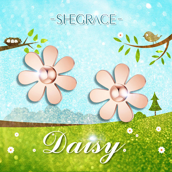 

PandaHall SHEGRACE Titanium Steel Stud Earrings, Daisy Flower, Rose Gold, 10mm Titanium Steel