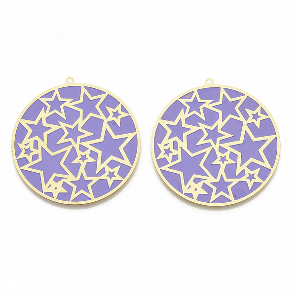 

PandaHall Brass Enamel Pendants, Etched Metal Embellishments, Matte Gold Color, Flat Round with Star, Lilac, 42x40x0.3mm, Hole: 1.4mm..., Purple
