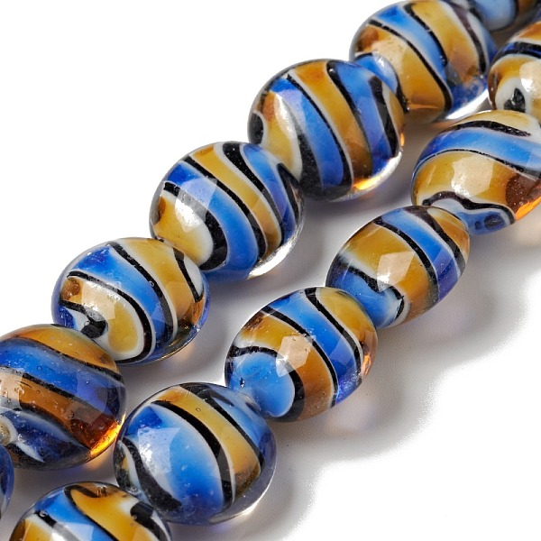 

PandaHall Handmade Lampwork Beads Strand, Flat Round with Stripe Pattern, Dodger Blue, 16x10mm, Hole: 1.2mm, about 20pcs/strand, 12.20 inch...