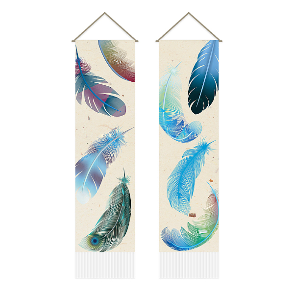 

PandaHall Polyester Decorative Wall Tapestrys, for Home Decoration, with Wood Bar, Rope, Rectangle, Feather Pattern, 1300x330mm Polyester...