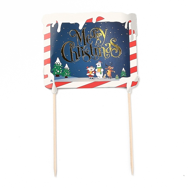 PandaHall Paper Rectangle Christmas Card Cake Insert Card Decoration, with Bamboo Stick, for Christmas Cake Decoration, Colorful, 202mm...