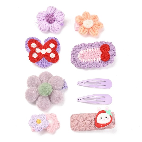 PandaHall Iron Snap Hair Clips & Alligator Hair Clips Sets for Kids, with Cloth, Flower & Bowknot & Oval & Rectangle with Strawberry, Lilac...