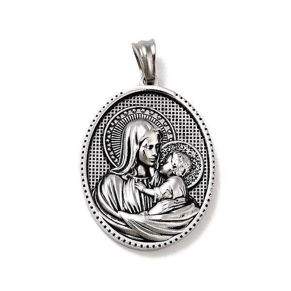 

PandaHall Tibetan Style 304 Stainless Steel Pendants, Religion, Oval with Virgin Pattern Charms, Antique Silver, 35.5x26x5mm, Hole: 5x7mm...