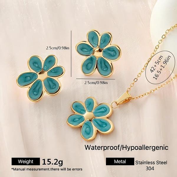 Ensembles de boucles d'oreilles et colliers pendentifs en acier inoxydable 304 émaillé en forme de fleur pour femmes