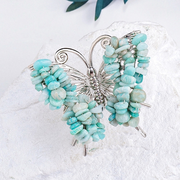 

PandaHall Raw Natural Amazonite Chip Mineral Specimen Display Decorations, with Butterfly Metal Holder, for Home Desktop Feng Shui Ornament...