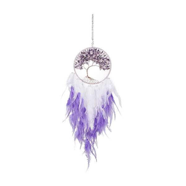 

PandaHall Iron Woven Web/Net with Feather Pendant Decorations, with Plastic and Amethyst Beads, Covered with Leather Cord, Flat Round with..., Purple