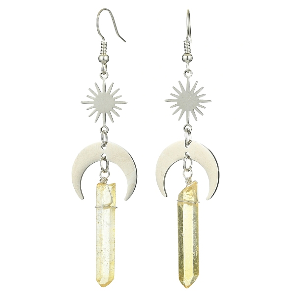 

PandaHall Natural Quartz Crystal Nuggets Dangle Earrings, 201 Stainless Steel Moon & Sun Long Drop Earrings with Brass Pins, Stainless Steel...