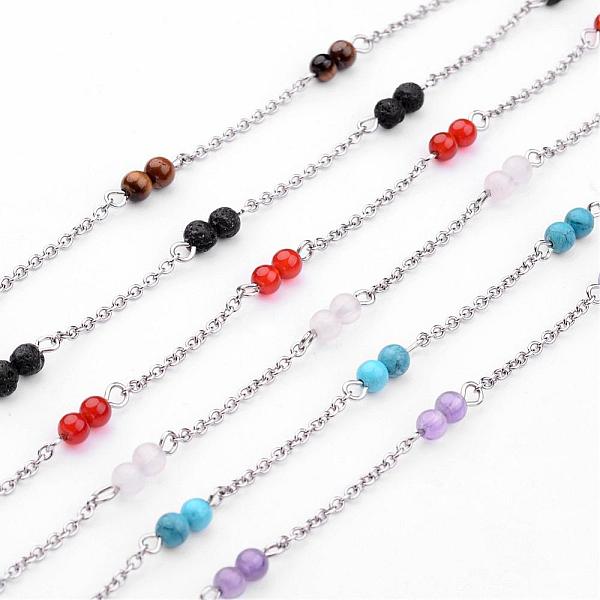 

PandaHall Handmade Round Gemstone Beads Chains for Necklaces Bracelets Making, with 316 Surgical Stainless Steel Cable Chains, Unwelded..., Multicolor