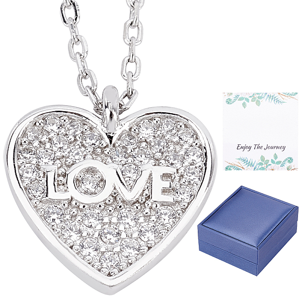 

PandaHall CREATCABIN Rhodium Plated 925 Sterling Silver Pendant Necklace, Clear Cubic Zirconia Double Heart with Love Word Pendant Necklace...