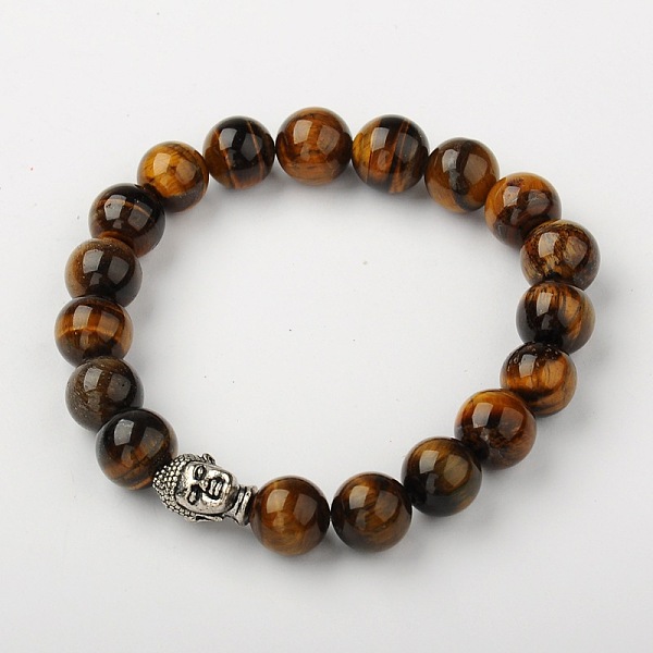 

PandaHall Natural Tiger Eye Stretch Bracelets, Buddhist Bracelets, with Tibetan Style Alloy Buddha Head Beads, Antique Silver, 2-1/8 inch..., Brown