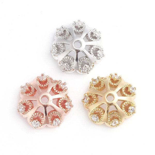 

PandaHall Multi-Petal Brass Micro Pave Clear Cubic Zirconia Bead Cap, Flower, Mixed Color, 13x4mm, Hole: 1.5mm Brass+Cubic Zirconia Clear