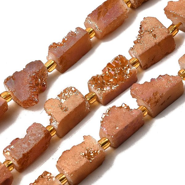 Galvani natürliche druzy Achat Perlen Stränge, Rechteck, mit Glasperlen, Schokolade, 15-16.5x7.5-9.5x7.5-12 mm, Bohrung: 1 mm, ca. 10 Stk. / Strang, 7.36''-7.48'' (18.7-19 cm)