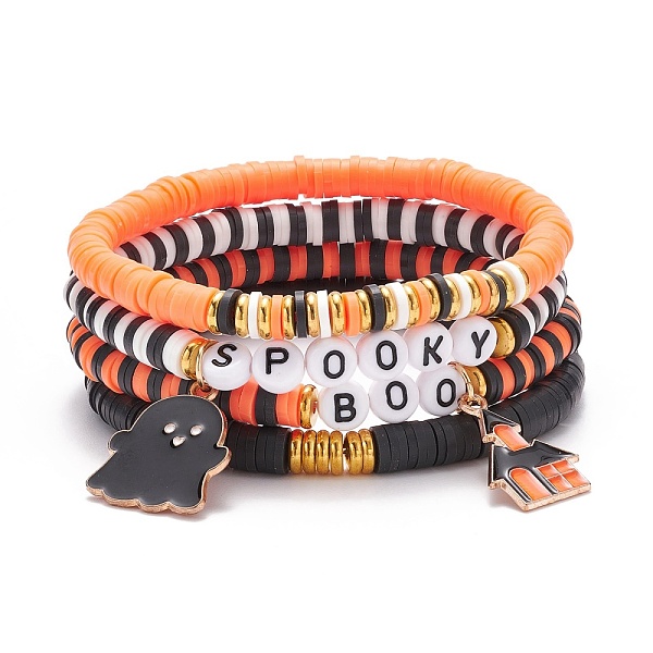 

PandaHall 4Pcs 4 Style Polymer Clay Heishi Surfer Stretch Bracelets Set with Word Spooky Boo Acrylic Beads, Halloween Ghost & Castle Alloy..., Orange