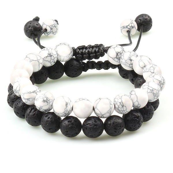 Adjustable Round Natural Howlite & Lava Rock Braided Bead Bracelet Sets