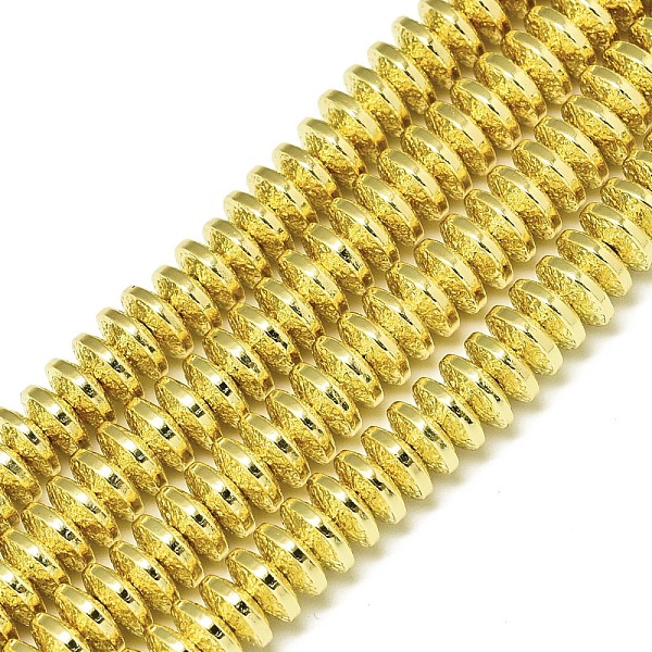 

PandaHall Electroplate Non-magnetic Synthetic Hematite Beads Strands, Bumpy, Disc, Golden Plated, 8x3mm, Hole: 1.4mm, about...