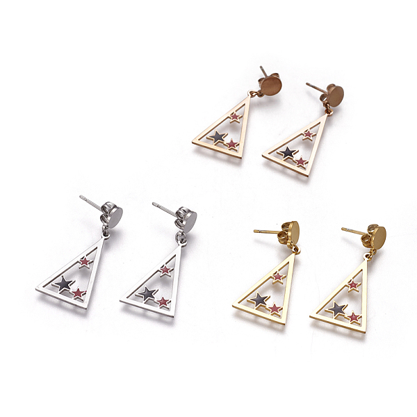 

PandaHall 304 Stainless Steel Dangle Stud Earrings, with Enamel, Triangle with Star, Mixed Color, 33.2mm, Pendant: 24.8x15x0.8mm, Pin: 0.7mm...