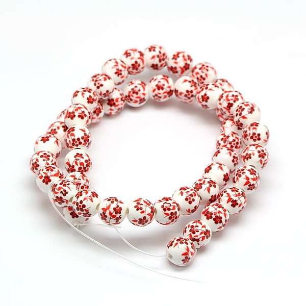 

PandaHall Handmade Flower Printed Porcelain Ceramic Beads Strands, Round, FireBrick, 8mm, Hole: 2mm, about 42pcs/strand, 13 inch Porcelain..., Red