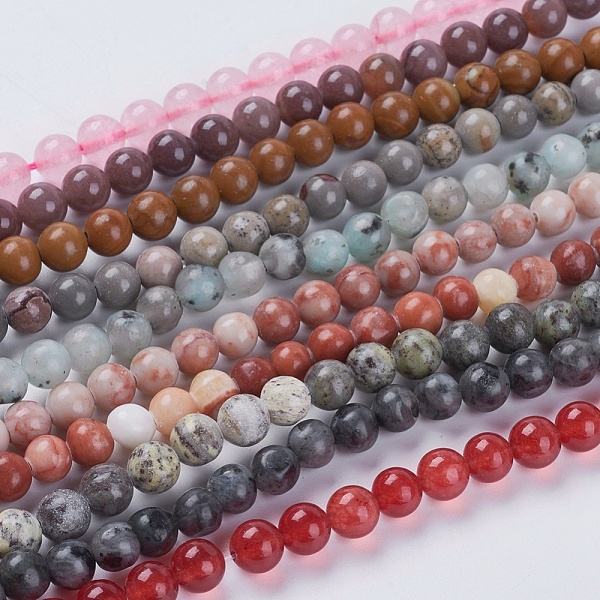 Natural Mixed Gemstone and Dyed Jade Beads Strands, Round, Mixed Color, 6mm, Hole: 1mm, about 60-65pcs/strand, 15.5 inch